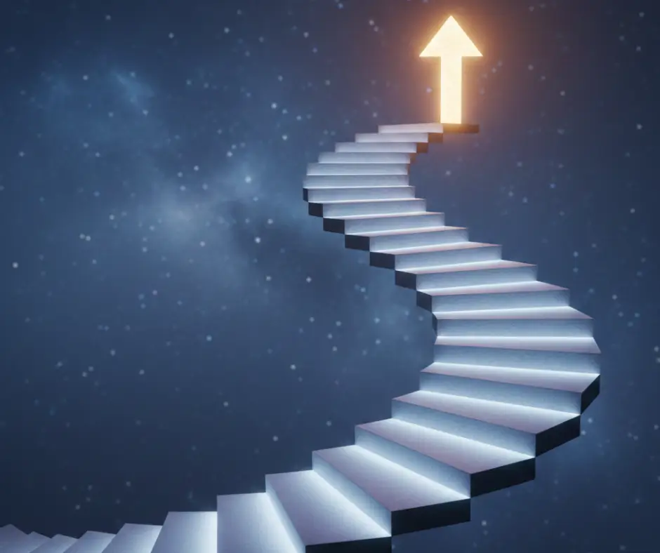 صورة تجسد مفهوم التحسين المستمر في نظام كايزن، حيث يظهر التقدم التدريجي خطوة بخطوة نحو القمة المضاءة، مما يعكس فلسفة التحسين اليومي البسيط.