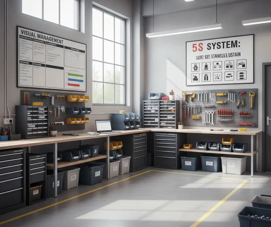 صورة لمكان عمل منظم يطبق نظام 5S، أحد أدوات كايزن، مما يظهر فعالية الترتيب والتنظيف في تحسين الكفاءة وتقليل الهدر.