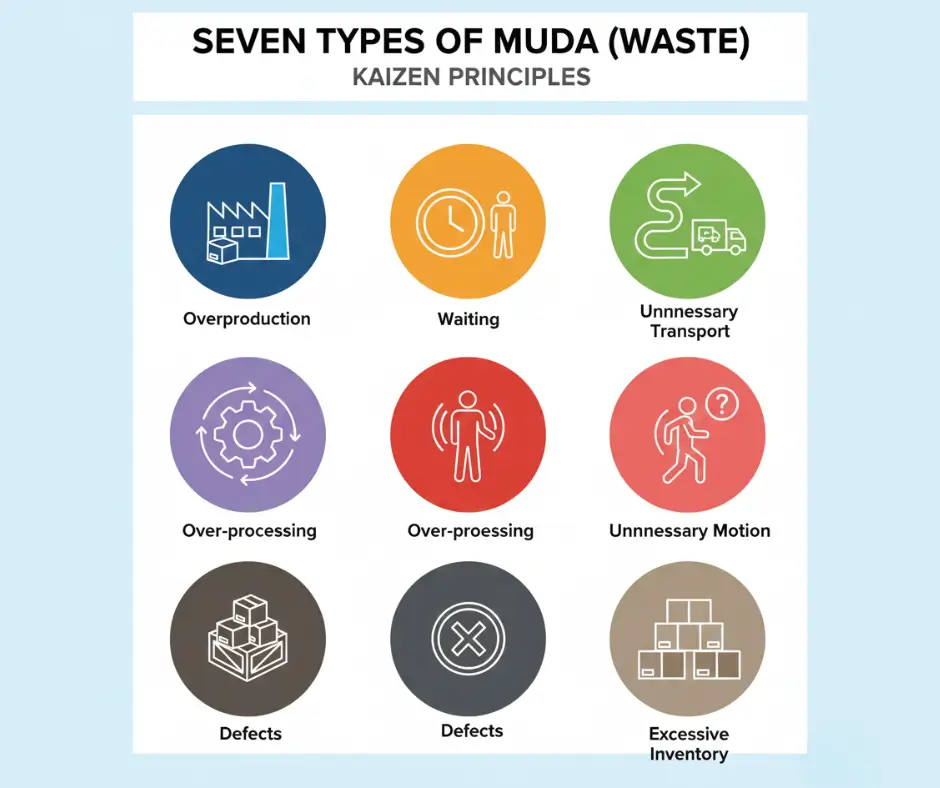 إنفوغرافيك يلخص أنواع الهدر السبعة (Muda) في نظام كايزن، ليسهل على القارئ التعرف عليها وتذكرها، مثل الإنتاج الزائد، الانتظار، والنقل غير الضروري.
