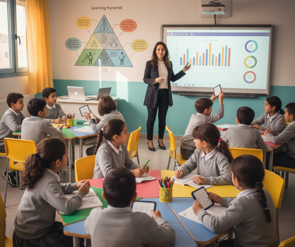 تأمل هذه اللقطة من داخل فصل دراسي بمدارس الريادة، حيث يتجلى تطبيق 'هرم التعلم' عملياً. المعلمة تشرح أمام سبورة تفاعلية بينما يتفاعل الطلاب في مجموعات صغيرة، مشاركين في النقاشات والأنشطة التطبيقية. هذه الصورة تجسد جوهر التعلم النشط والموجه بالممارسة، بعيداً عن أساليب التلقين التقليدية، وتبرز كيفية تعزيز الفهم والاحتفاظ بالمعلومات من خلال المشاركة الفعالة