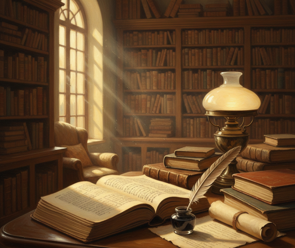 صورة فنية لمكتبة هادئة تضم كتبًا مفتوحة وريشة كتابة قديمة، تعكس عمق الأدب وجو التأمل في عالم الشعر والقصص.