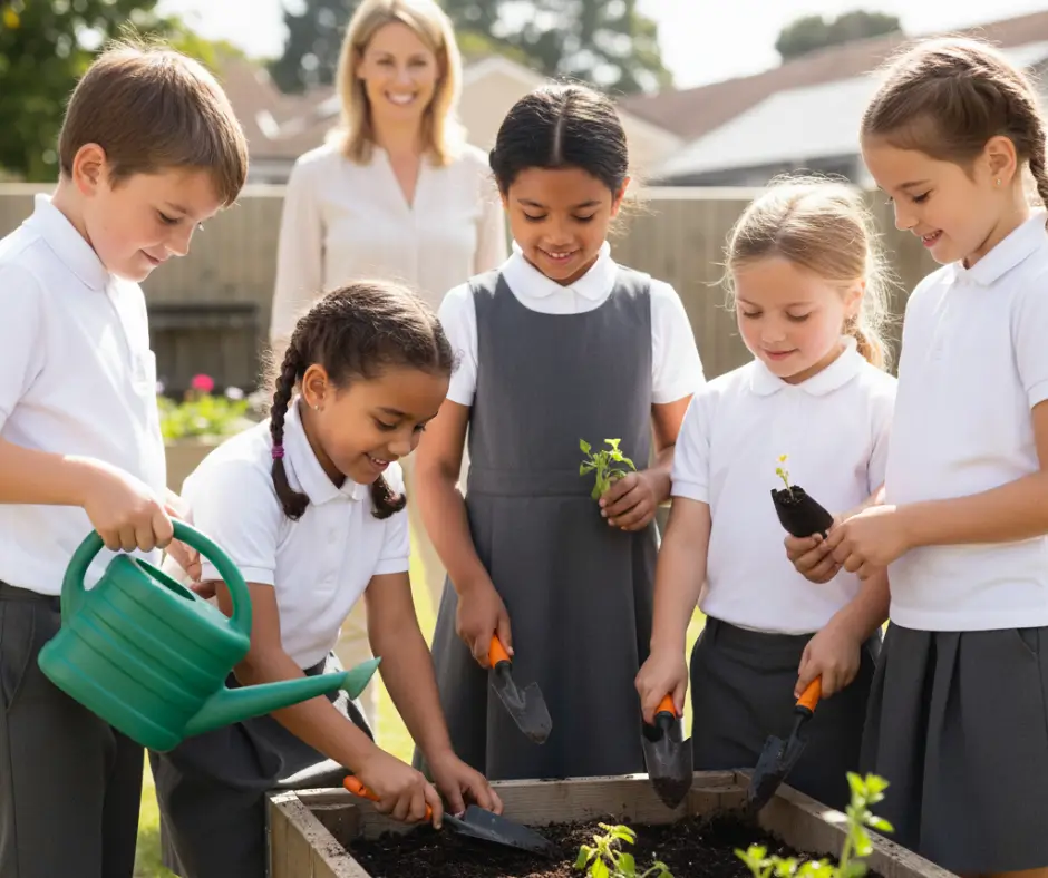 شاهد طلاب مدارس الريادة وهم يشاركون بحماس في مشروع عملي في حديقة مدرسية. هذه الصورة تجسد أهمية التعلم بالممارسة، حيث يزرع الأطفال ويجرون تجارب بسيطة بتوجيه من معلمتهم. تعكس اللقطة كيف تساهم الأنشطة التطبيقية في تعزيز المهارات العملية وتعميق الفهم، مما يعكس أعلى مستويات 'هرم التعلم' في ترسيخ المعرفة