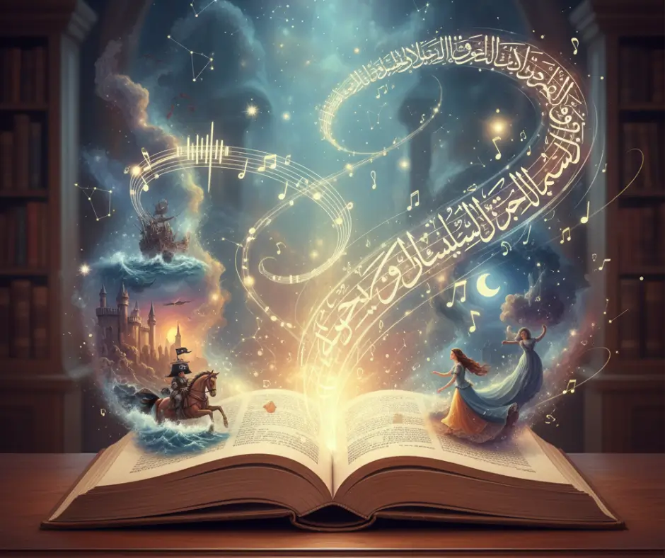 لوحة تجمع بين أبيات شعرية ومشاهد قصصية متداخلة، تبرز التقاء الشعر بالسرد في أسلوب فني مبتكر وملهم.