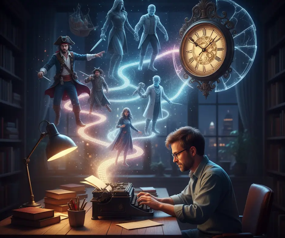 صورة لكاتب ينسج عالَمًا خياليًا من الشخصيات والحبكات، تظهر فيها عناصر السرد بوضوح لتجسيد فن القصة وروح الحكاية.