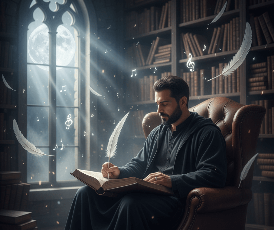 مشهد شاعر يكتب تحت ضوء القمر في أجواء شاعرية حالمة، مع رموز موسيقية وتفاصيل تعبر عن روح الشعر وجمال الإبداع.