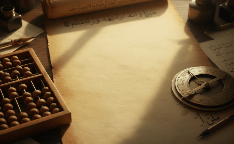 مخطوطة قديمة بأرقام هندية-عربية، مع إبراز الصفر، بجانبها عداد خشبي ومزولة، تجسد إدخال الخوارزميات والنظام العددي من قبل الخوارزمي
