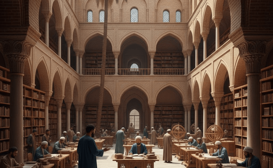 صورة الخوارزمي في دار الحكمة ببغداد، محاطًا بالمخطوطات، ترمز إلى حكمته وتأثيره في العالم الإسلامي في العصور الوسطى