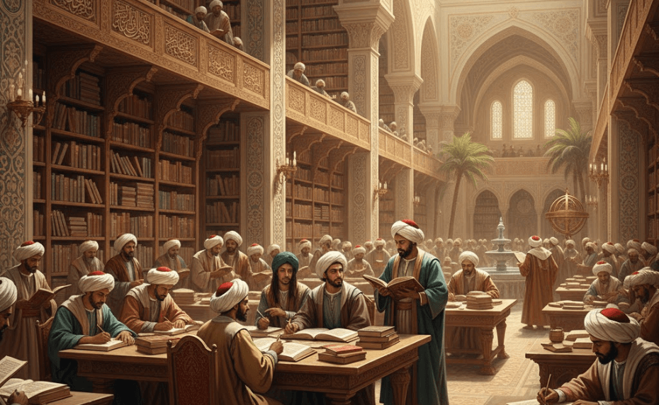 مشهد معماري لدار الحكمة في بغداد، يظهر علماء يدرسون ويترجمون نصوصًا قديمة، مما يعكس مركز المعرفة في القرن التاسع