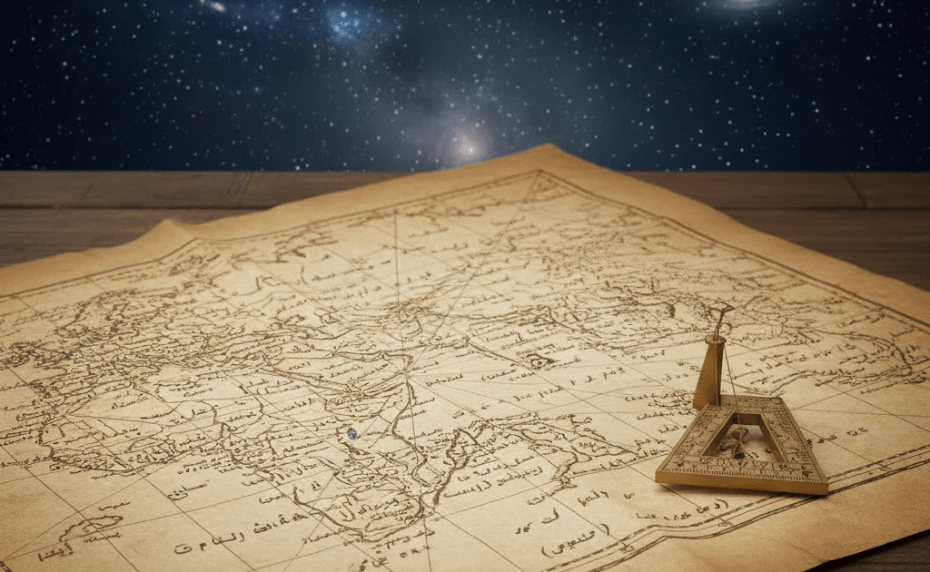 تكوين من خريطة أرض قديمة بخطوط الطول والعرض وكرة سماوية، يوضح مساهمات الخوارزمي في علم الجغرافيا والفلك