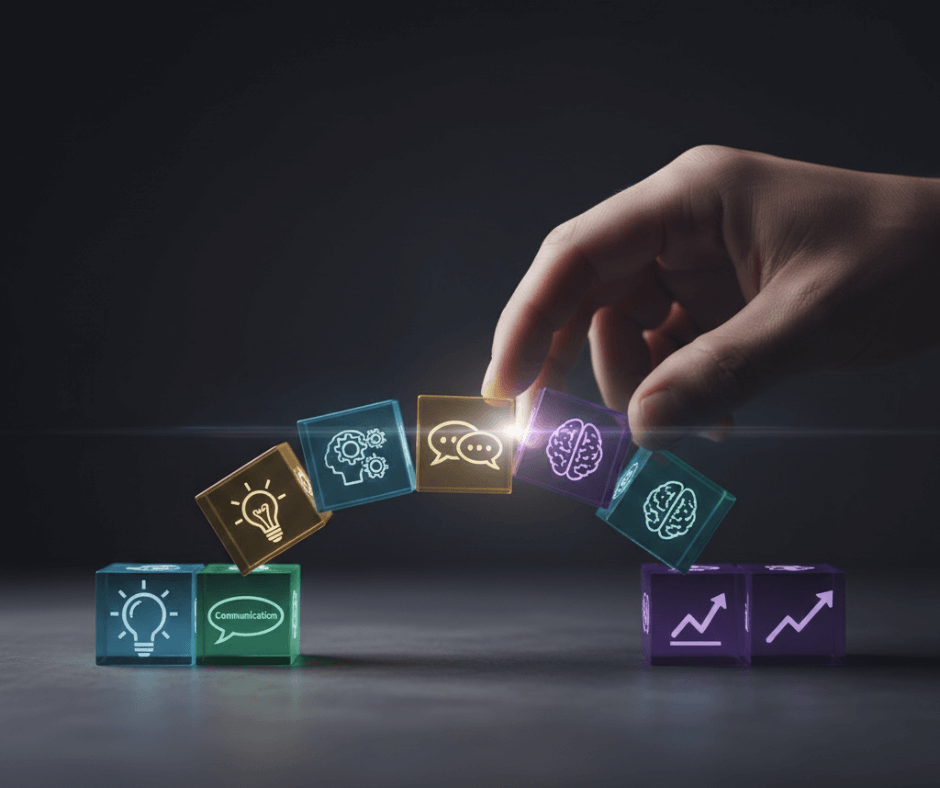 التعلم الذاتي الفعال وبناء المهارات: أيادٍ تبني جسرًا من مكعبات المهارات المستقبلية، تؤكد على قوة التعلم الذاتي في اكتساب المهارات الناعمة.