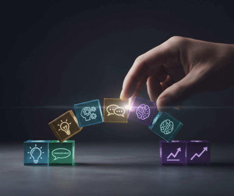 التعلم الذاتي الفعال وبناء المهارات: أيادٍ تبني جسرًا من مكعبات المهارات المستقبلية، تؤكد على قوة التعلم الذاتي في اكتساب المهارات الناعمة.