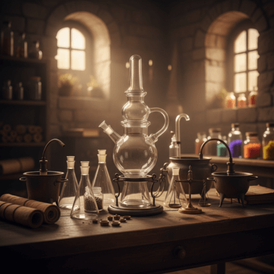 شاهد أدوات جابر بن حيان المبتكرة: جهاز التقطير، القوارير، والموازين. اكتشف كيف غيرت اختراعاته الكيمياء ووضعت أسس المنهج التجريبي في العصر الذهبي.