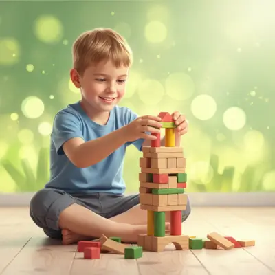طفل يبني برجاً من المكعبات، التعلم من الأخطاء، أهمية المحاولة، الفشل كجزء من النمو، تنمية مهارات الطفل.