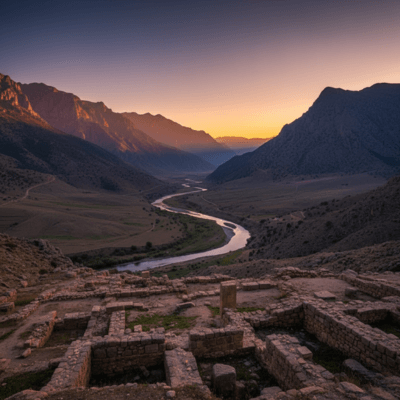 مشهد غروب الشمس الهادئ فوق وادي مرتيل، يظهر الوادي ينساب بهدوء بين جبال الريف الشاهقة. في المقدمة، بقايا أثرية قليلة لأساسات مدينة تمودا القديمة، ترمز إلى الاندثار والخلود لروح المدينة.