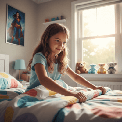 طفلة ترتب سريرها، مساعدة منزلية، تحمل المسؤولية، استقلالية الطفل، تعزيز الثقة بالنفس عبر المهام البسيطة.
