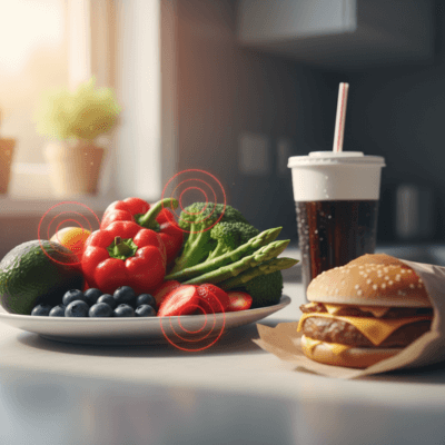 مقارنة بصرية بين الوجبات السريعة والتغذية العلاجية. اختر طعامك بحكمة لحماية جسمك من الالتهاب المزمن.