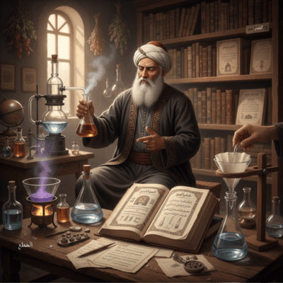 اكتشف رائد الكيمياء، جابر بن حيان، في مختبره التاريخي. يظهر وهو يمارس التقطير والترشيح باستخدام أدواته المبتكرة. تجسيد بصري لأبي الكيمياء ومؤسس المنهج التجريبي في العصر الذهبي الإسلامي.