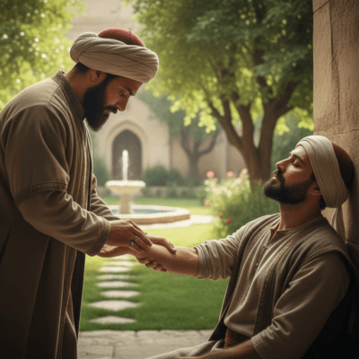 ابن سينا ​​​​يطبق الطب السريري والإنساني في علاج المرضى.
