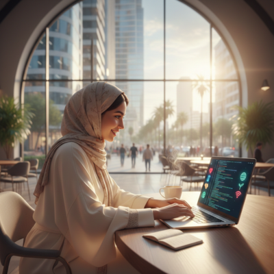 شابة متطوعة رقمية تعمل على حاسوبها المحمول، تدمج مهاراتها التقنية في دعم العمل الخيري والثقافي عن بعد.