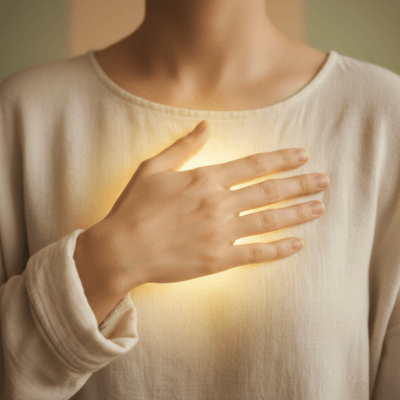 يد إنسانية تلمس صدرها بلطف، مع توهج ناعم من الطاقة يخرج من منطقة القلب، ترمز إلى قوة الحياة والشفاء الكامنة داخل كل فرد