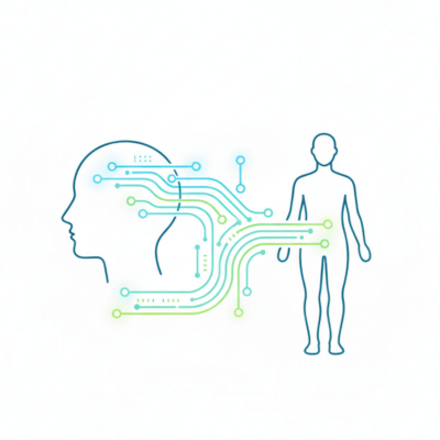 رسمة تخطيطية بسيطة تظهر رأس إنسان (يمثل العقل) متصل بجسم إنسان (يمثل الجسد) بخطوط من الطاقة والبيانات، تجسيداً للاتصال الوثيق بين الصحة النفسية والجسدية.