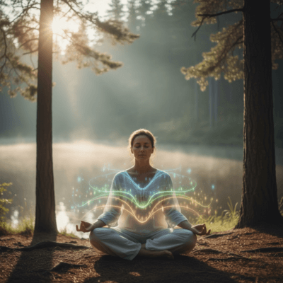 شخص يجلس في وضعية تأمل هادئة في وسط طبيعة خلابة، مع إشارات بصرية خفية تبين تنظيم التنفس وتدفق الطاقة الداخلية.
