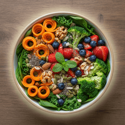 طبق ملون وصحي يحتوي على مجموعة متنوعة من الخضروات والفواكه الطازجة والمكسرات، مع توهج ناعم حوله يرمز إلى القيمة الغذائية الحيوية للشفاء.