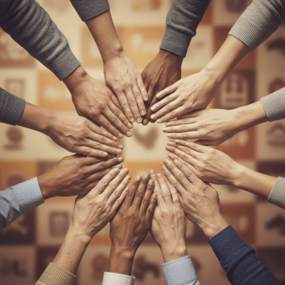 صورة تظهر مجموعة متنوعة من الأيدي تتداخل معاً في وسط دائري، تعبيراً عن التضامن والدعم المجتمعي الذي توفره الجمعيات الخيرية لتعزيز الصحة للجميع.