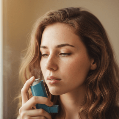 "شابة تستخدم بخاخ الربو (جهاز الاستنشاق) في لحظة تركيز وهدوء. صورة مثالية للتعبير عن التعايش مع الربو، علاج ضيق التنفس، وإدارة الأزمة التنفسية اليومية."