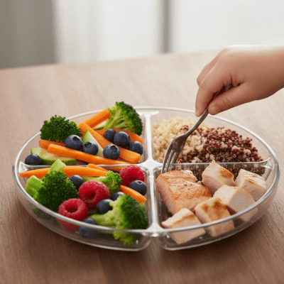 طبق صحي متوازن للأطفال يوضح النسب المثالية للبروتينات، الكربوهيدرات، والفواكه والخضروات لدعم النمو السليم.