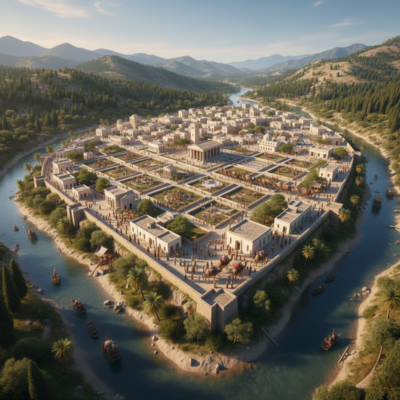 منظر بانورامي لمدينة تمودا الأمازيغية القديمة في أوج ازدهارها، تظهر على ضفة نهر مرتيل محاطة بجبال الريف، مع شوارع متعامدة ونشاط تجاري حيوي بين مختلف الشعوب.