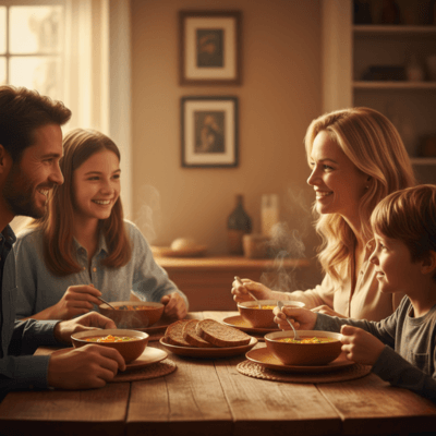 صورة عائلية دافئة أثناء تناول وجبة صحية مشتركة، تبرز أهمية الروابط الأسرية في بناء العادات الغذائية.