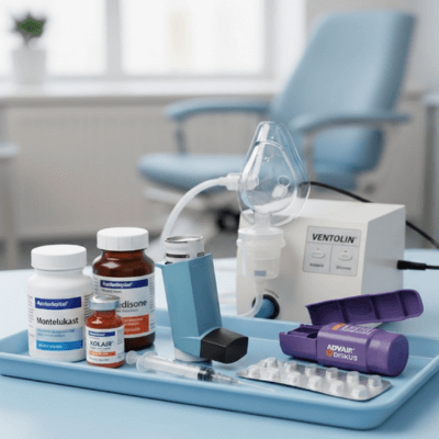 "مجموعة شاملة من أدوية ومعدات علاج الربو، بما في ذلك جهاز الاستنشاق (Nebulizer)، البخاخات الوقائية والمسعفة، وأدوية مثل مونتيلوكاست وبريدنيزون. مثالية لمحتوى إدارة الربو وخيارات العلاج."
