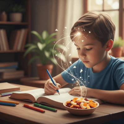 وجبة خفيفة صحية تدعم التركيز والأداء الأكاديمي للأطفال في سن المدرسة. الغذاء السليم هو وقود العقل.