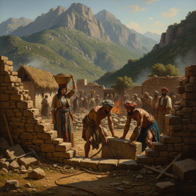 مشهد درامي يصور جهود الأمازيغ لإعادة بناء تمودا بعد تعرضها للحرق والتدمير، حيث يعملون بعزيمة على رفع الحجارة وإعادة بناء الأسوار والمنازل، في ظل جبال الريف الشامخة كرمز للصمود.