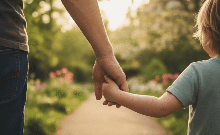 قدوة الأبوين، أب يمسك بيد طفله، السلوك الواثق، نقل الثقة، العلاقة القوية بين الأهل والطفل.