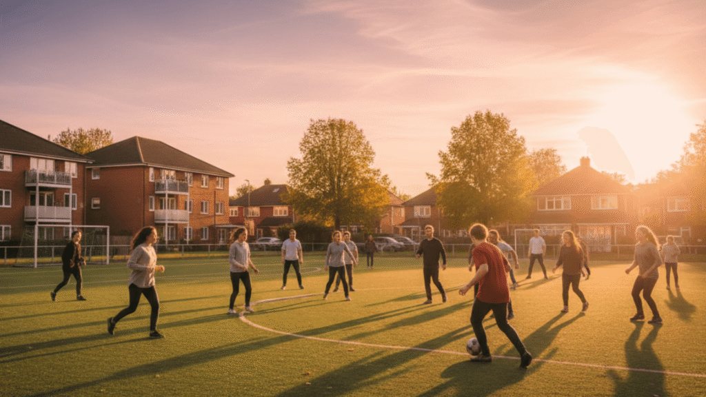 مجموعة متنوعة من الشباب يمارسون الرياضة في ملعب مجتمعي، مما يبرز دور الرياضة في تعزيز الصحة والاندماج الاجتماعي.
