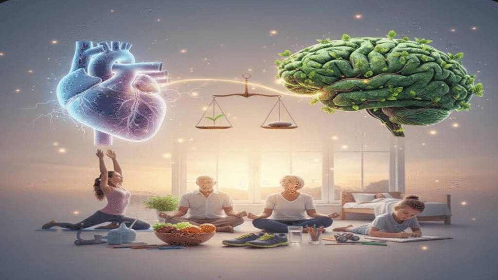 تظهر في هذه الصورة لحظة مميزة تجمع بين العقل والقلب، حيث تتوزع الرموز بينهما. يمثل القلب والعقل التوازن بين المشاعر والتفكير، بينما تتجمع العائلة في مشهد من النشاط الإبداعي والروحاني. تعكس الألوان الزاهية والأجواء الهادئة أهمية الروابط الأسرية والتوازن بين الجوانب العاطفية والعقلانية في الحياة.

