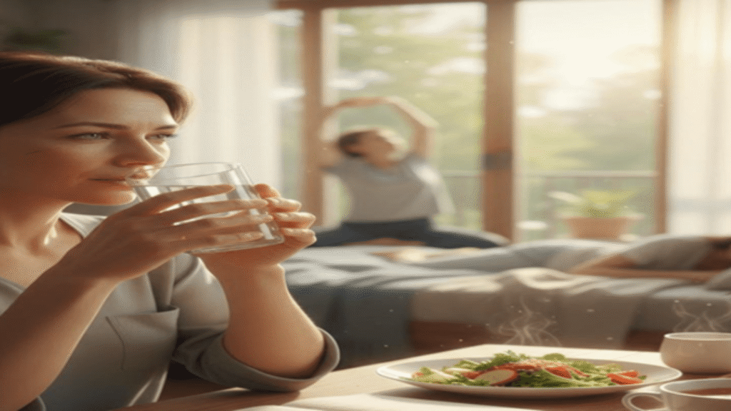 تظهر في هذه الصورة امرأة تستمتع بلحظة هادئة وهي تتناول الطعام وتشرب الماء، تعكس التركيز على العناية الذاتية والرفاهية. في الخلفية، تظهر مشهدين يعكسان النشاط والحيوية، مما يبرز أهمية التوازن بين الاسترخاء والنشاط في الحياة اليومية. تنقل الألوان الطبيعية والإضاءة الدافئة شعوراً بالسكينة والتواصل مع الذات.

