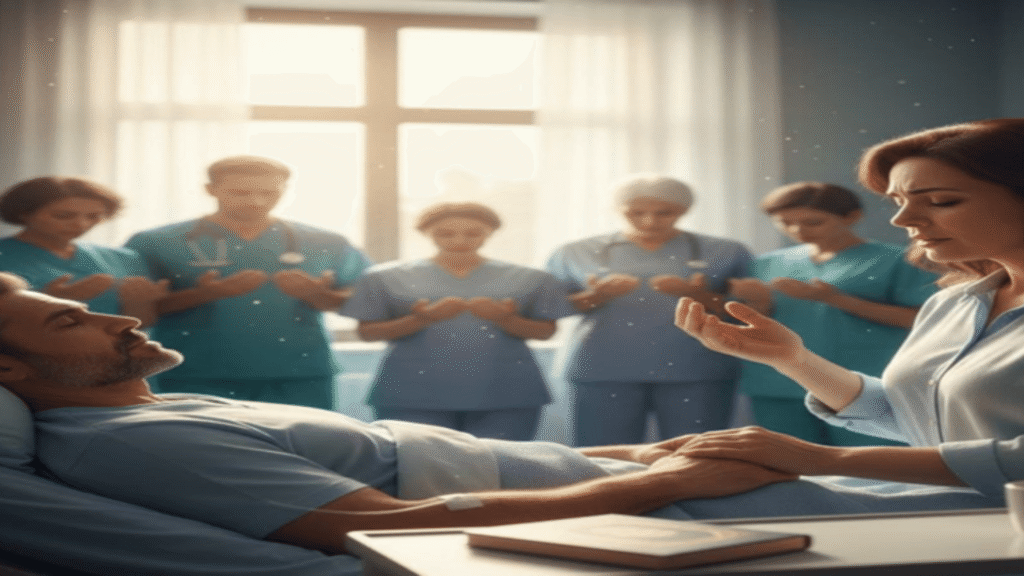 تظهر في هذه الصورة لحظة مؤثرة في غرفة مستشفى، حيث تقف امرأة بجانب مريض في السرير، تعبر عن مشاعر القلق والدعم. يحيط بها فريق من الأطباء والممرضين الذين يجسدون الرعاية المهنية والإنسانية. تبرز الألوان الهادئة والإضاءة الناعمة أهمية الحب والأمل في أوقات الشدة، مما يعكس التلاحم بين الرعاية الطبية والدعم العاطفي.

