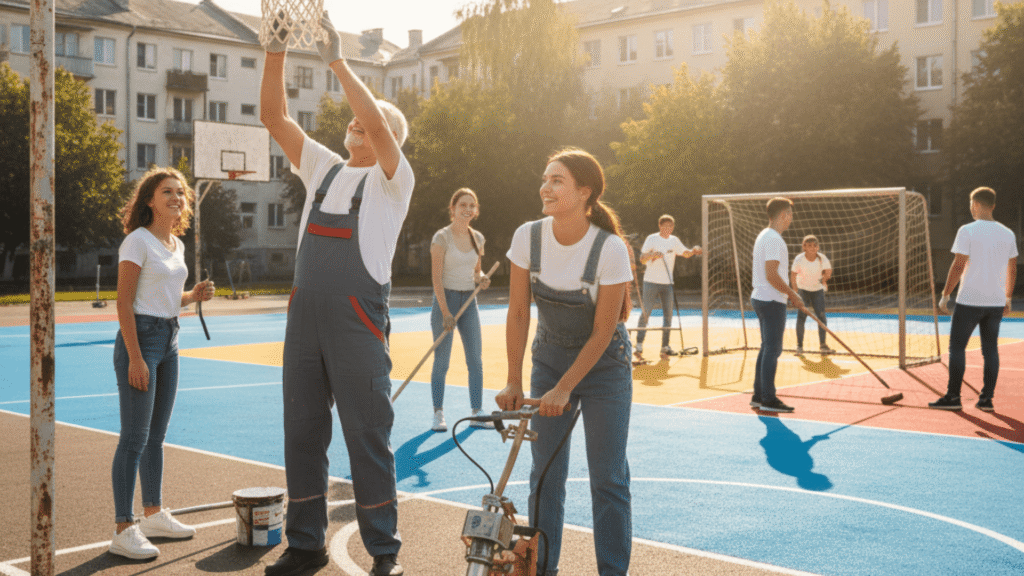 متطوعون مجتمعيون يجددون ملعبًا رياضيًا، مما يبرز أهمية العمل التطوعي والشراكات في استدامة المشاريع الرياضية.