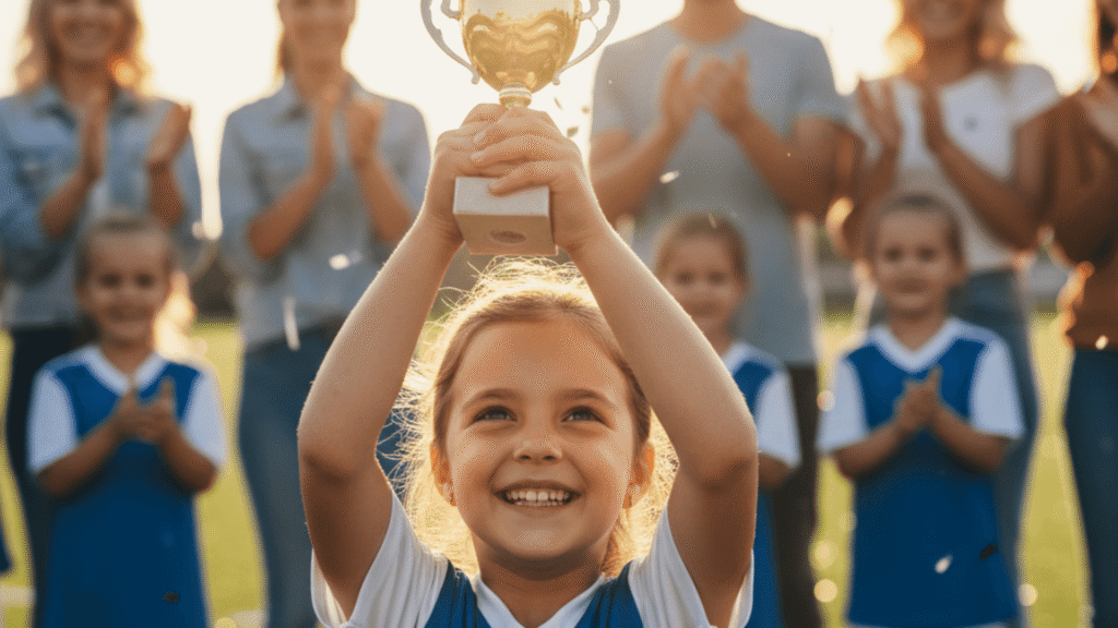  فتاة تحتفل بالفوز، تجسيدًا لقصص النجاح الملهمة وكيف تساهم الرياضة في بناء الثقة بالنفس وتحقيق الإنجازات.