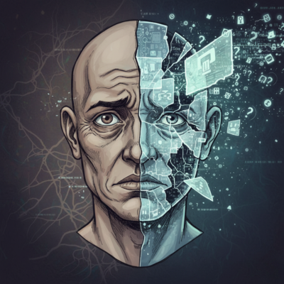 رسم يوضح أعراض الإرهاق المعلوماتي، حيث يتداخل الإجهاد النفسي مع التشتت الرقمي.