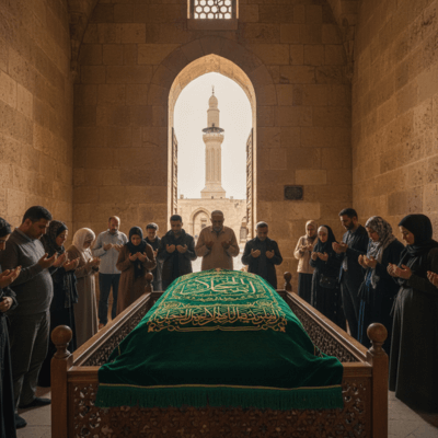 "مشهد حزين مهيب لضريح صلاح الدين الأيوبي قرب المسجد الأموي في دمشق، قبر بسيط مغطى بقماش أخضر مكتوب عليه آيات من القرآن، زوّار يقفون بخشوع يدعون له، وخلفهم مئذنة الأموي وجدرانه الحجرية العتيقة، بألوان هادئة وإضاءة طبيعية تعبر عن الزهد والعظمة الروحية."

