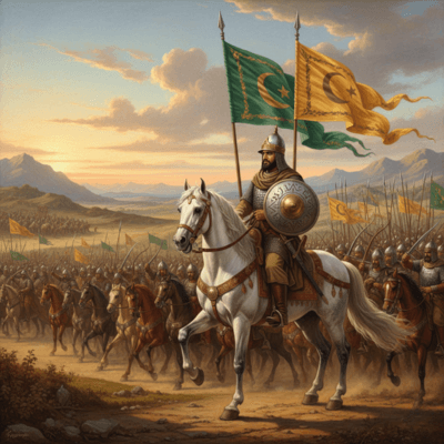 مشهد واقعي تاريخي لصلاح الدين الأيوبي فوق حصانه العربي الأبيض، يرتدي درعًا معدنيًا وخوذة مزخرفة بالكتابة العربية، وخلفه رايات الدولة الأيوبية الخضراء والصفراء ترفرف، وجيش إسلامي من الفرسان والرماة في سهل واسع عند شروق الشمس، بأسلوب رسم واقعي ملحمي شديد التفاصيل.