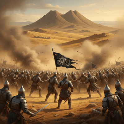 تصوير درامي لمعركة حطين، تضاريس تلال جافة وأرض صفراء، الجيش الصليبي منهك ومحاط من جهات عدة، جنود مسلمون يرتدون دروعًا وخوذات شرقية تقاتل بتنظيم واضح، سحابة من الغبار والدخان، في المنتصف راية كتب عليها بالعربية «لا إله إلا الله محمد رسول الله»، بأسلوب سينمائي واقعي عالي الدقة."

