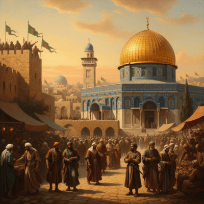 "لوحة فنية لمدينة القدس في القرن الثاني عشر، تظهر قبة الصخرة والمسجد الأقصى بعد تحريرهما، الجنود المسلمون يرفعون الرايات فوق الأسوار، وصلاح الدين الأيوبي يقف بخشوع عند باب المسجد الأقصى، والناس من المسلمين والمسيحيين يتحركون في الأسواق بسلام، بأسلوب فن تاريخي كلاسيكي دافئ الألوان."

