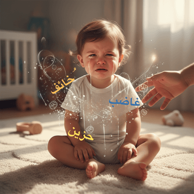 استكشف العالم العاطفي الخفي للطفل: مشاعر متضاربة من الخوف والغضب والحزن، مُصوَّرة في رسم توضيحي ساحر ينبض بالقلب.