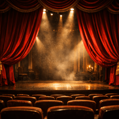 تظهر في هذه الصورة مشهد جميل لركح مسرح مؤهل، حيث تتدلى الستائر الحمراء الثقيلة. تبرز الأضواء المتألقة من الأعلى مع تأثير الدخان خفيف، مما يشكل جواً سحرياً. المقاعد في المقدمة تشير إلى استعداد الجمهور لمشاهدة العرض، مما يضفي إحساساً بالتوقع والإثارة.