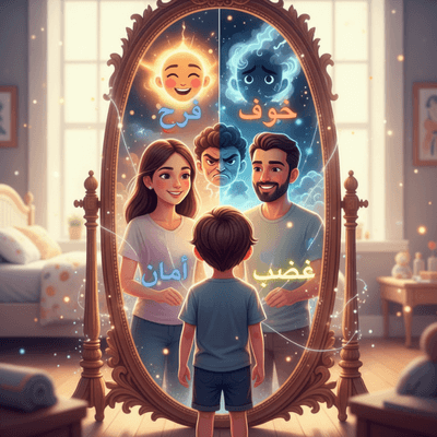 Child names emotions in the mirror: from confusion to clarity with labels like joy, anger, fear—parental guidance shines 